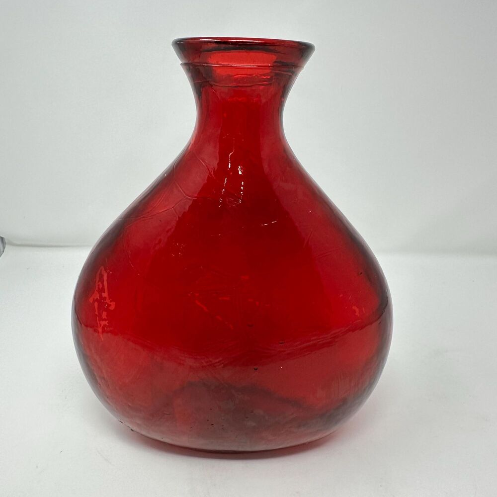 Vintage Ruby Red Glass Vase, Hand Blown in Spain, 11" MCM Decor READ
